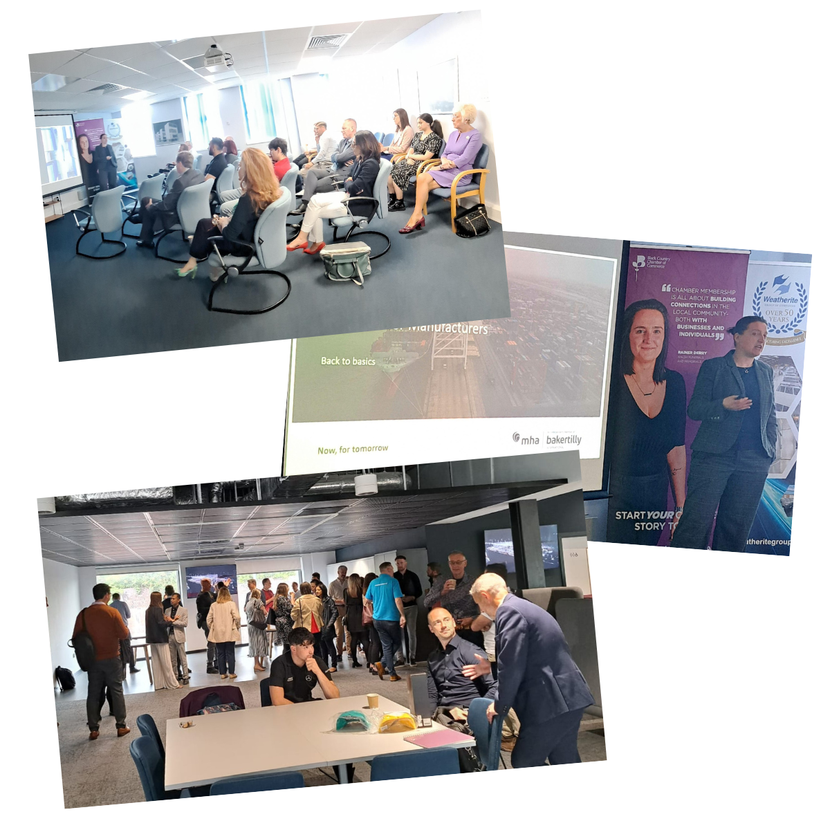 Three photos of people networking and guest speakers at recent events 